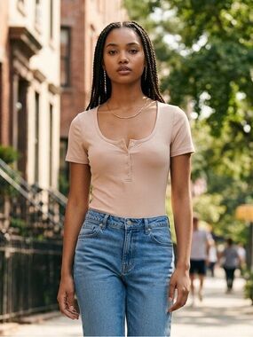 Revamped Ribbed Scoop-Neck Bodysuit in Pink